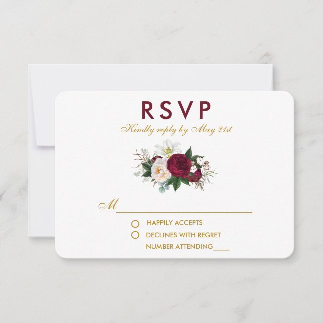 Burgundy Floral Greenery Dourado Casamento RSVP (Frente)