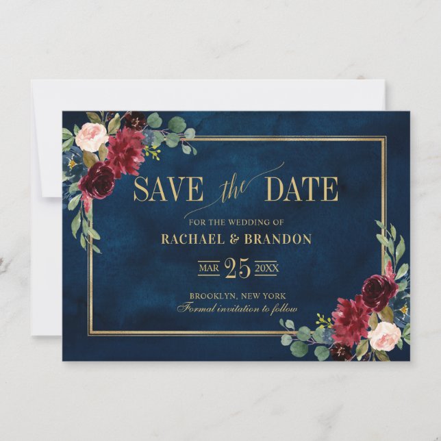 Burgundy Floral Marinho Azul Quadro Dourado Salvar (Frente)