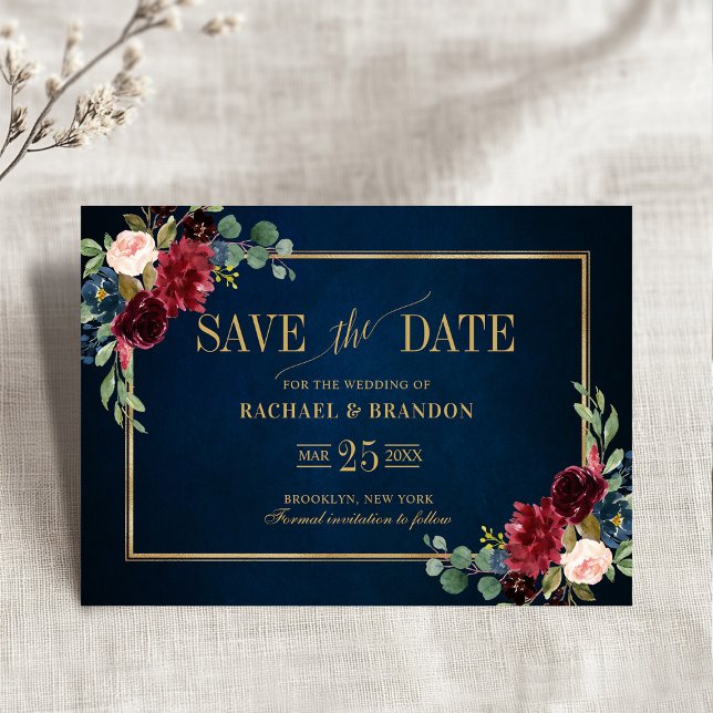 Burgundy Floral Marinho Azul Quadro Dourado Salvar (Burgundy Red Floral Navy Blue Gold Frame Save the Date)
