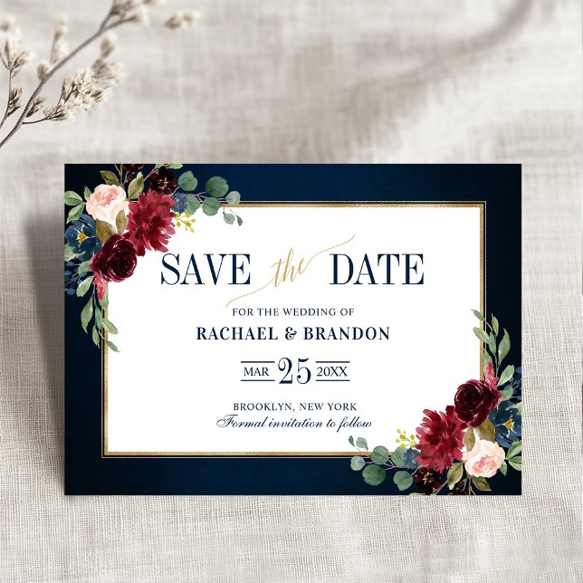 Burgundy Floral Marinho Azul Quadro Dourado Salvar (Burgundy Floral Navy Blue Gold Frame Save the Date)