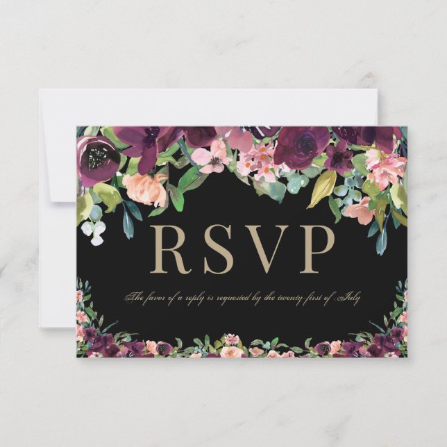 Burgundy Floral Marsala Black Weding RSVP (Frente)
