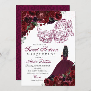 Burgundy Floral Mascarada Doce 16 Convite