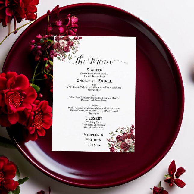 Burgundy Floral Modern Script 5x7'' Menu Casamento (Criador carregado)