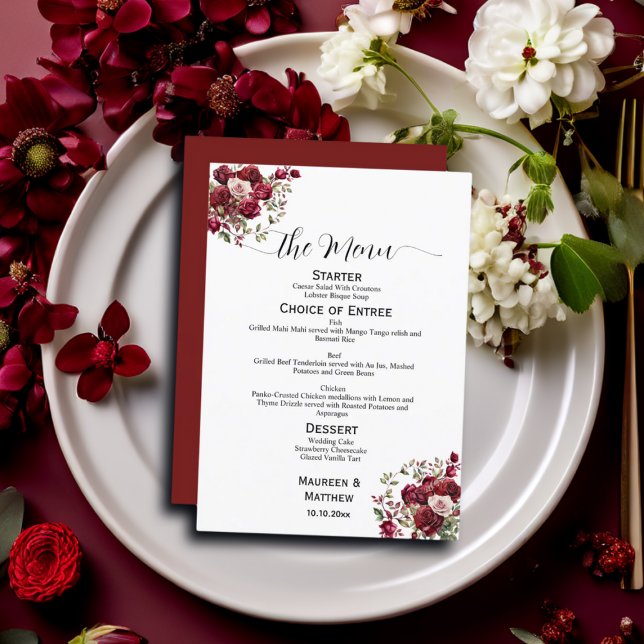 Burgundy Floral Modern Script 5x7'' Menu Casamento (Criador carregado)