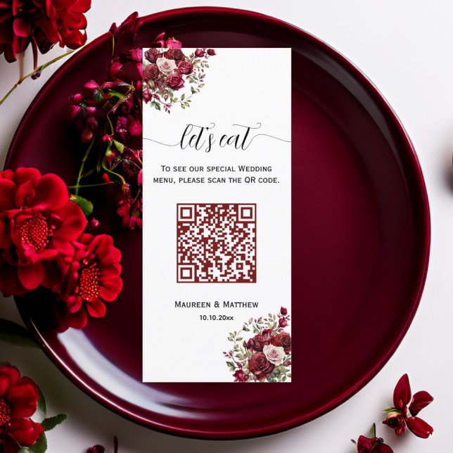 Burgundy Floral Moderno Código QR 4x9'' Menu Casam (Criador carregado)