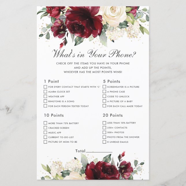 Burgundy Floral O que há no seu Chá de Jogo Telefô (Frente)