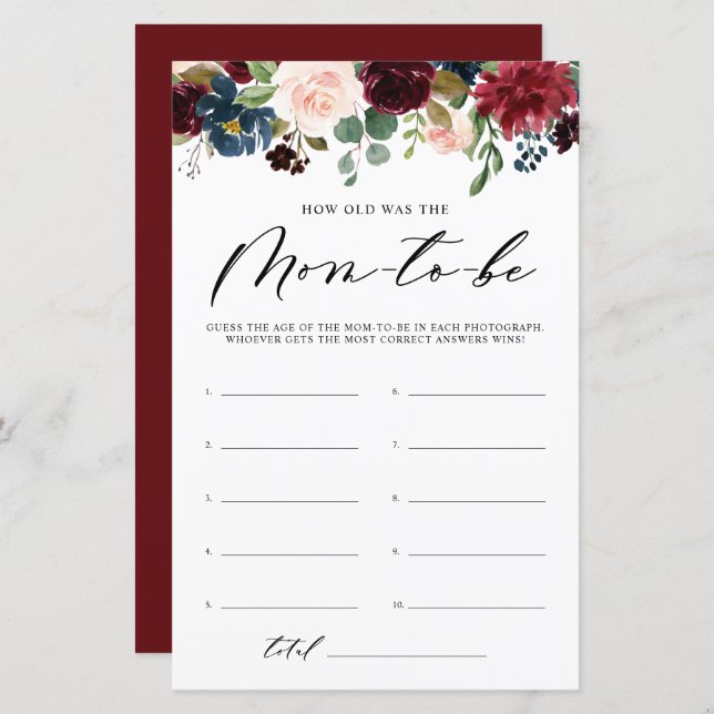 Burgundy Floral Quão Velha Era O Jogo Do Chá Da Mã (Frente/Verso)