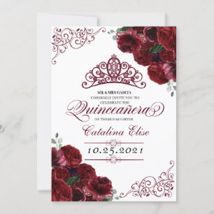 Burgundy Floral Quinceanera Convite de Aniversári