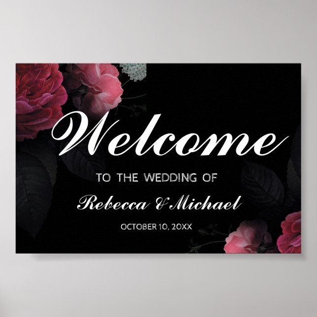Burgundy Floral Rustic Weding Poster (Frente)