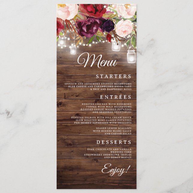 Burgundy Floral String Lights Menu Janto Casamento (Frente)