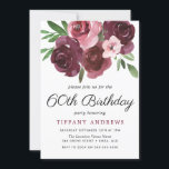 Burgundy Floral Watercolor 60º Convite de Aniversá<br><div class="desc">Burgundy Floral Watercolor 60º Aniversário Convite Ver coleção correspondente em Niche e Nest Store</div>