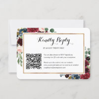 Burgundy Floral Wedding QR Code Photo RSVP Card