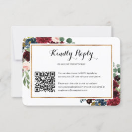 Burgundy Floral Wedding QR Code Photo RSVP Card