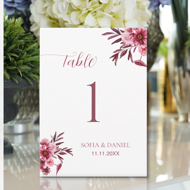 Burgundy Floral Wedding Table Number Card Elegant  (Criador carregado)
