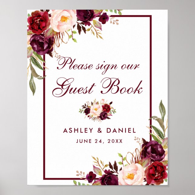 Burgundy Floral Weding Guest Book Poster (Frente)