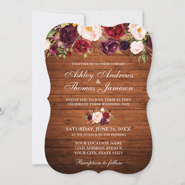 Burgundy Floral Wood Rustic Wedding Convite B (Frente)