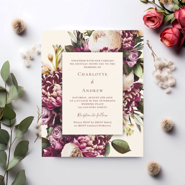 Burgundy florals creme convite para casamento roxo (Criador carregado)