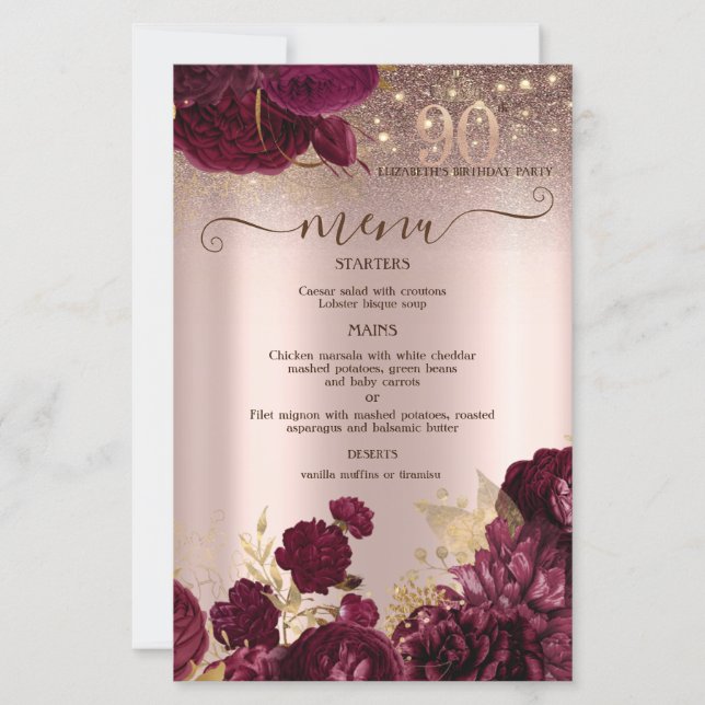 Burgundy Flowers Glitter 90th Birthday Menu Card (Frente)