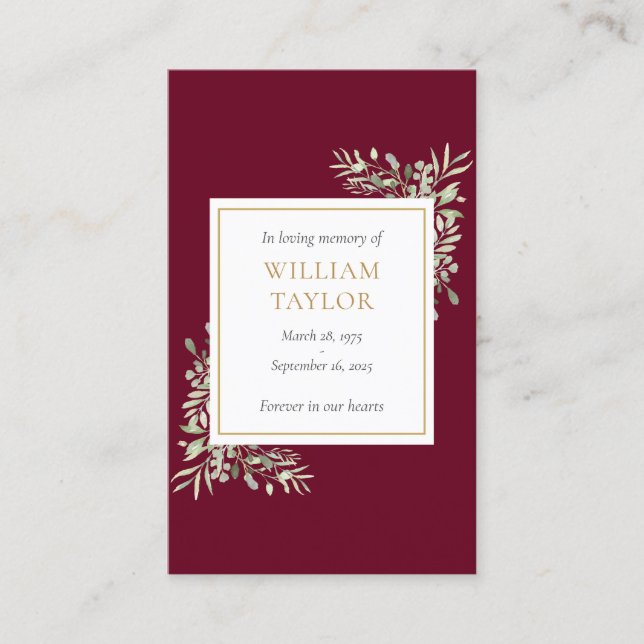 Burgundy Funeral Memorial Greenery Cartões de Oraç (Frente)