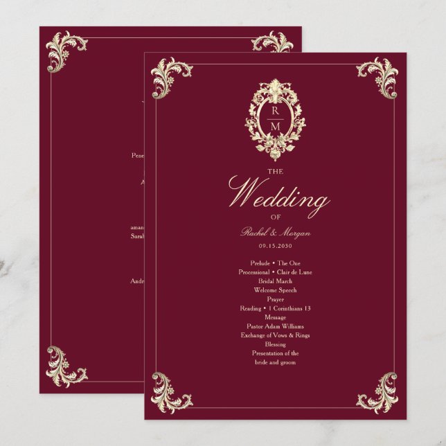Burgundy Gold Baroque Wedding Ceremony Program (Frente/Verso)
