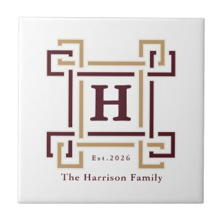 Burgundy Gold Greek Key Monogram Family Crest