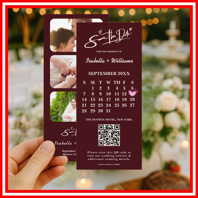 Burgundy & Ivory Photo QR Wedding Save The Date (Criador carregado)