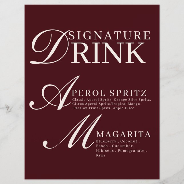Burgundy & Ivory Wedding Signature Drink Sign (Frente)
