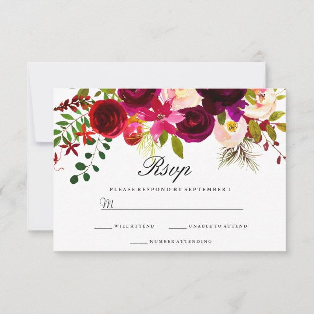 Burgundy Marsala Casamento Floral RSVP (Frente)