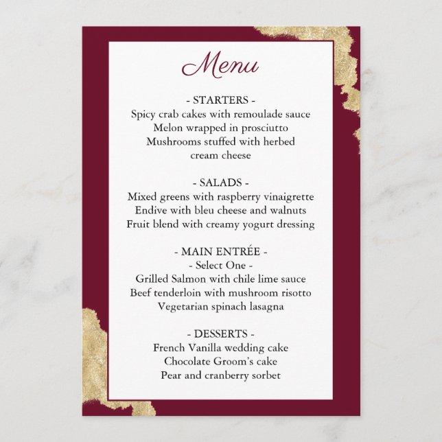 Burgundy Marsala e Dourado Menu Casamento (Frente)