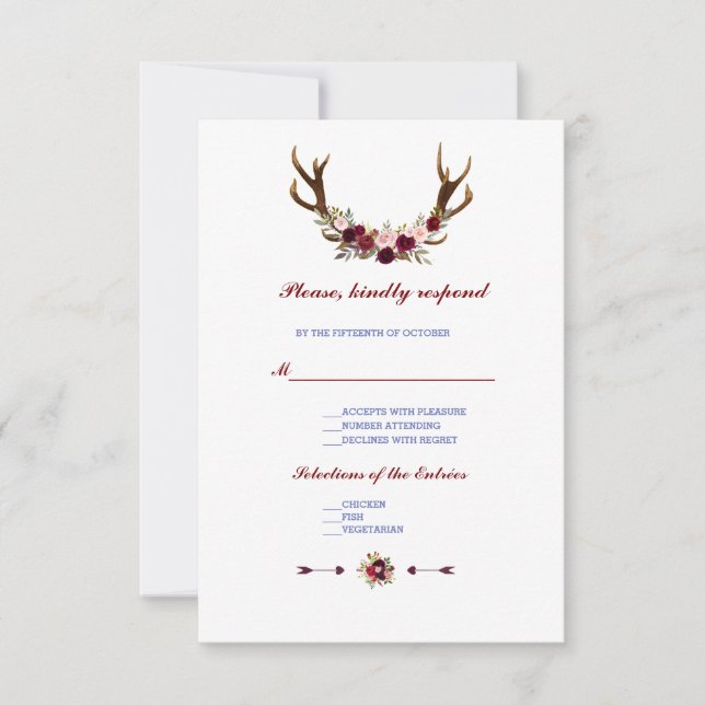 Burgundy Marsala Floral Antlers Casando RSVP (Frente)