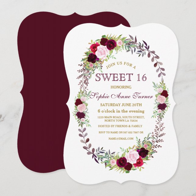Burgundy Marsala Floral Wreath Sweet 16 Convite (Frente/Verso)