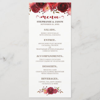 Burgundy Marsala Rosas vermelhas Floral Menu