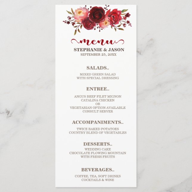 Burgundy Marsala Rosas vermelhas Floral Menu (Frente)