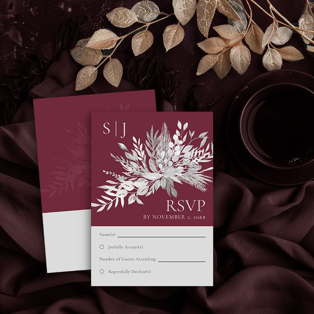 Burgundy Monograma de Folhagem Botânica RSVP (RSVP Card in Burgundy and Grey from the Foliage Duet Collection by Darling & May)