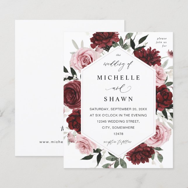 Burgundy Orçamental e Casamento Floral Rosa 6 (Frente/Verso)