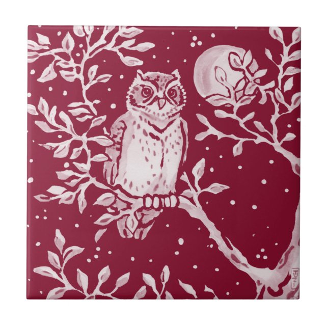 Burgundy Owl Moon Night Woodland Animal  (Frente)