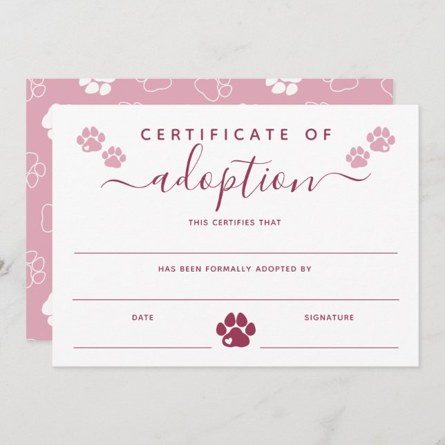 Burgundy Pink Paw Imprime Certificado de Adoção (Frente/Verso)