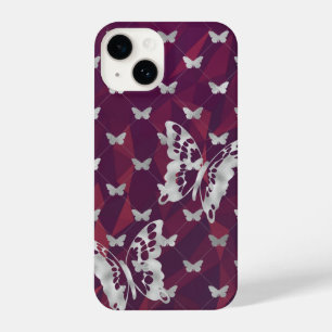 Burgundy Polygons Silver Butterfly iPhone 14 Capas