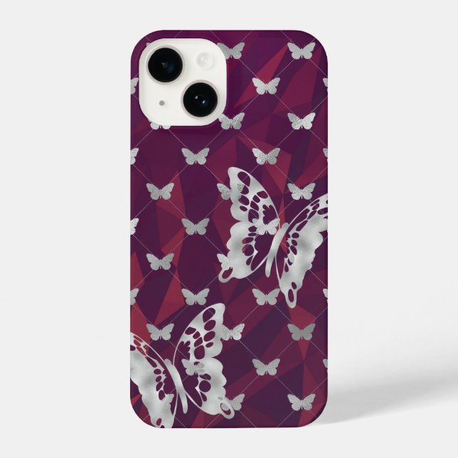 Burgundy Polygons Silver Butterfly iPhone 14 Capas (Verso)