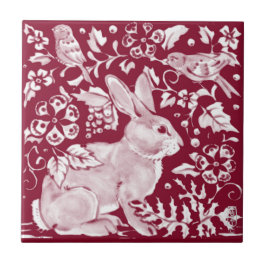 Burgundy Rabbit Bunny Birds Floral Dedham Delft