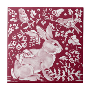 Burgundy Rabbit Bunny Birds Floral Dedham Delft