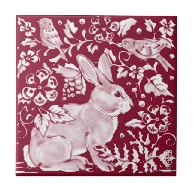 Burgundy Rabbit Bunny Birds Floral Dedham Delft (Frente)