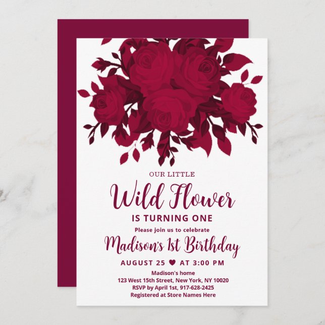 Burgundy Red Blush Wildflower Convite de Aniversár (Frente/Verso)