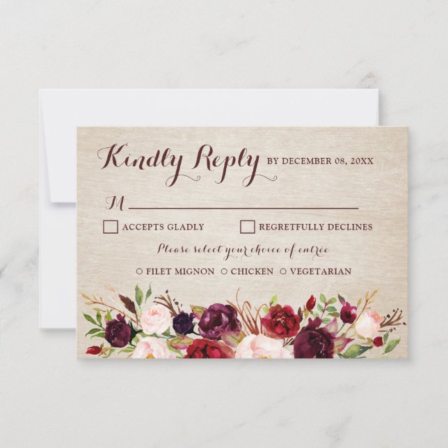 Burgundy Red Floral Boho Casamento RSVP (Frente)