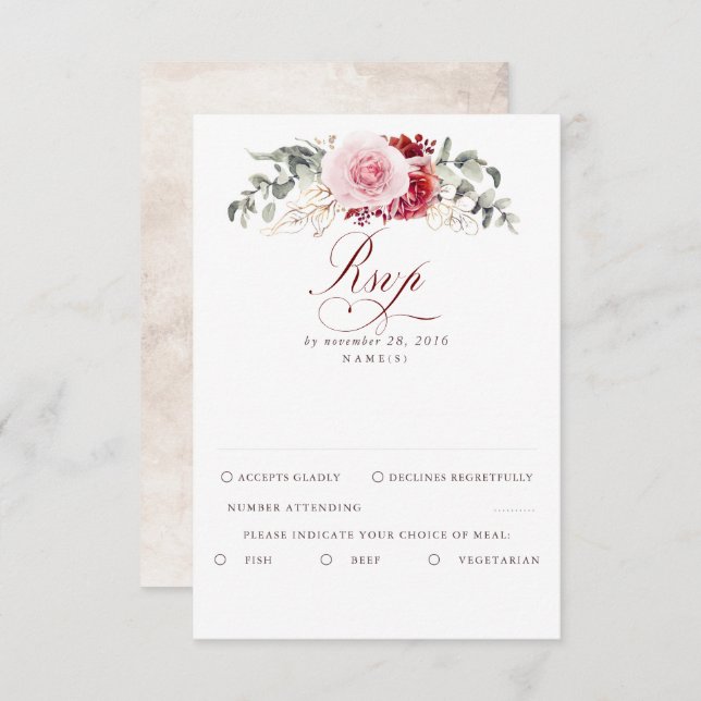 Burgundy Red Foliage Boho Weding RSVP (Frente/Verso)
