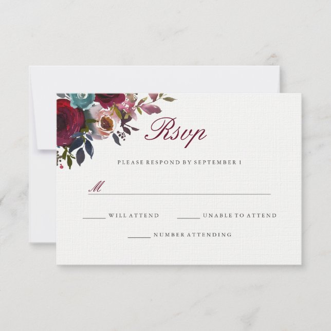 Burgundy Red Watercolor Casamento Floral RSVP (Frente)