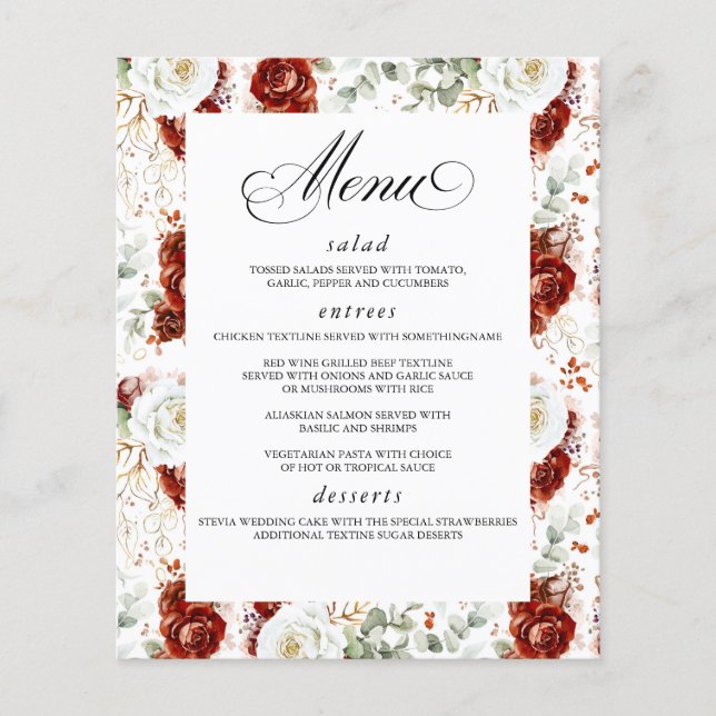 Burgundy Red White Floral Elegant Wedding Menu (Frente)
