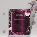 Burgundy rosa gold convite para o aniversário flor<br><div class="desc">Um fundo burguês profundo decorado com florais robustos e cor-de-rosa,  flores e falso brilho prateado,  faíscas. Personalize e adicione seu nome e detalhes da festa. Texto rosa dourado.</div>
