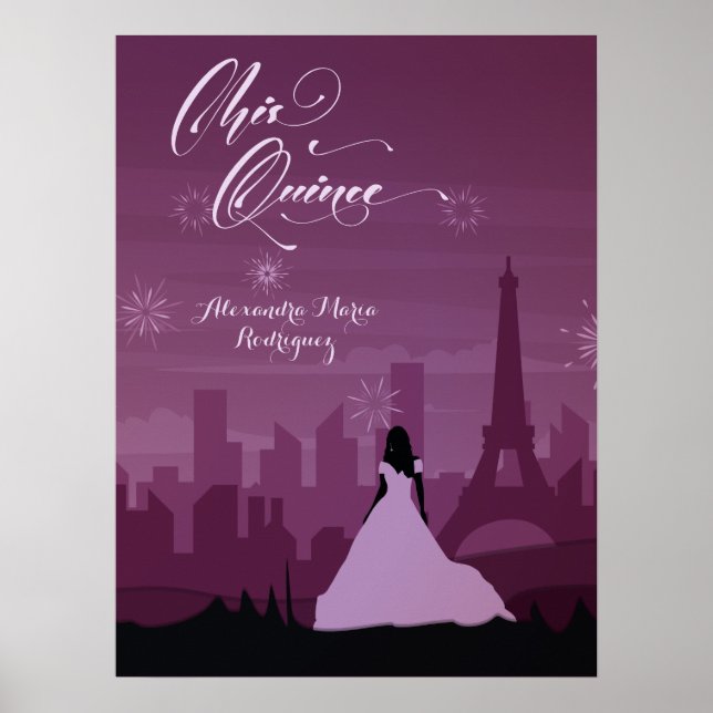 Burgundy Rosa Paris Fireworks Quinceañera Poster (Frente)