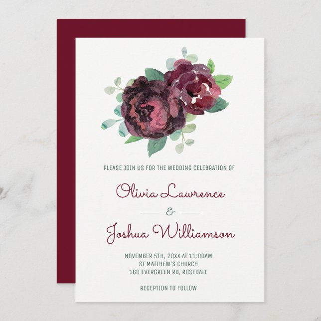 Burgundy Rosas Watercolor Convites para Casamento (Frente/Verso)